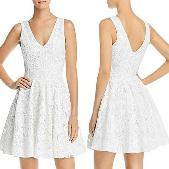 New AQUA White Lace Romantic Fit & Flare Dress Small Womens V-Neck Mini Coquette - Picture 1 of 13
